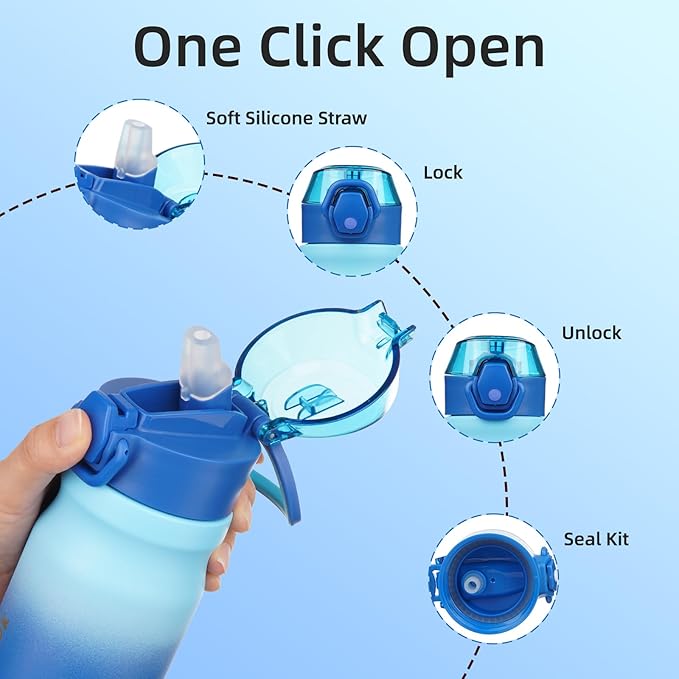 BJPKPK 14oz Insulated Water Bottle with Straw Stainless Steel Double Wall Water Bottles BPA Free Leak Proof Thermal Flask with Lockable Flip Lid and Soft Silicone Spout,Sky