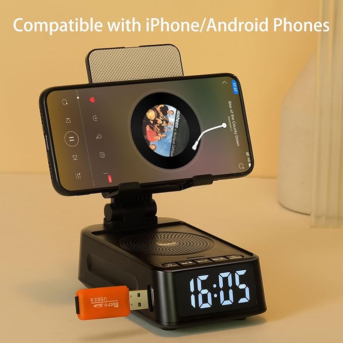 Gifts for Men Women, Phone Stand with Bluetooth Speaker&Clock, Birthday Gifts for Him, Phone Holder with Wireless Speaker, Ideal for Dad Mom Husband Boy, Cool Tech Gadget for Men