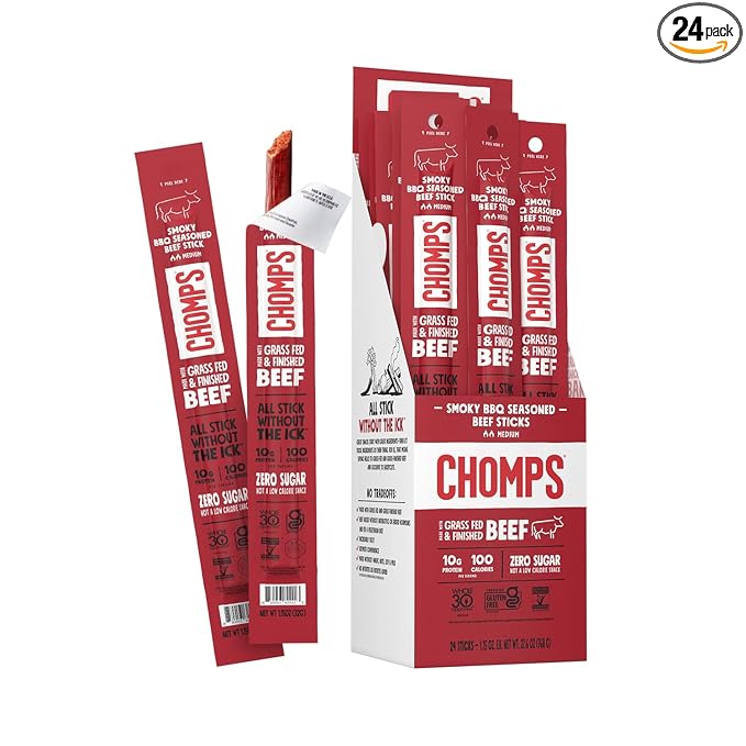 Chomps Grass-Fed and Finished Smoky BBQ Seasoned Beef Jerky Snack Sticks 24-Pack - Keto, Paleo, Whole30, 10g Lean Meat Protein, Gluten-Free, Zero Sugar Food, Non-GMO