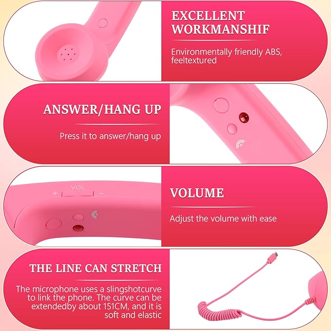 Retro Phone Handset, 2026 New Retro Style Type-C Phone Handset,Vintage Wired Plug in Handheld Cell Phone Receiver with Microphone, Suitable for Cell Mobile Video Conferences,Calls,Meetings (Pink)