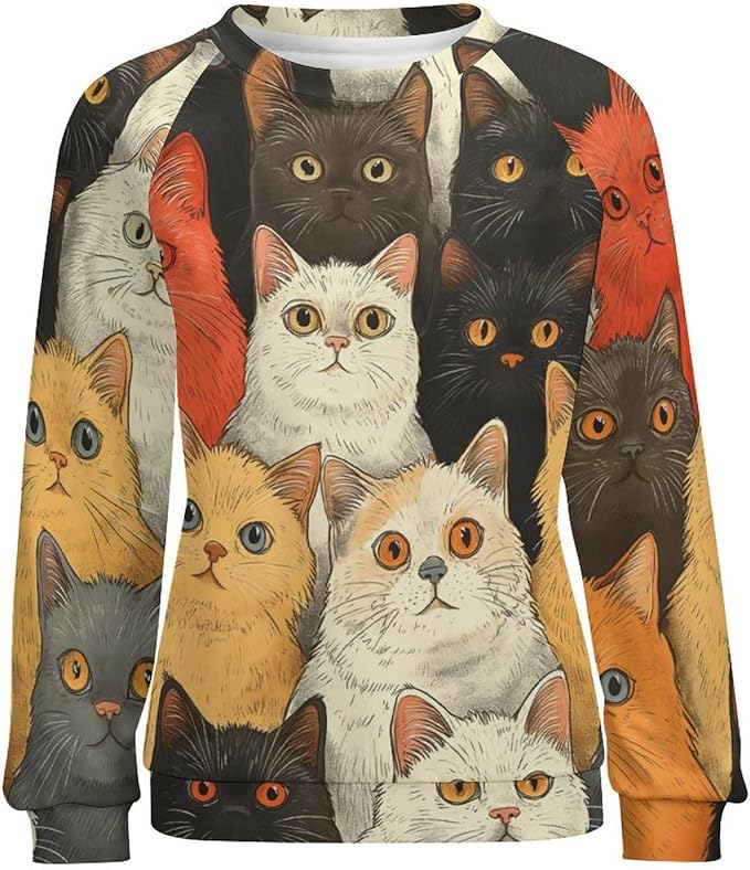 Fall Sweaters for Women 2024 Cat Print Long Sleeve Casual Crewneck Warm Fall Pullover Comfy Fashion Sweatshirts