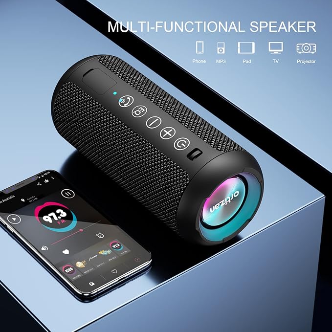 Ortizan Portable Bluetooth Speaker x Stocking Stuffers: IPX7 Waterproof, Wireless, Big Sound, Deep Bass, Dual Pairing, 30H Playtime, White Elephant Gift for Adults Men Women Teen Boys Girls (Black)
