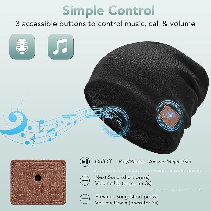 Bluetooth Beanie, Wireless Beanie Headphones, Stylish Sleek Shape Bluetooth Hat, HD Stereo Sound, Built-in Mic, Tech Gifts for Men Women Friends Family Teens Boys Girls (Black)