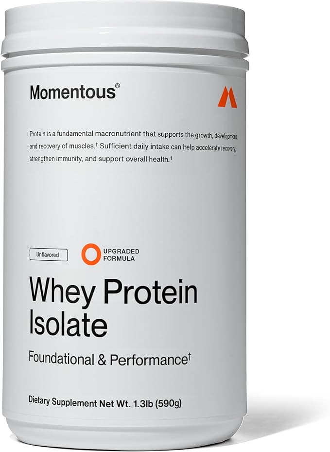 Momentous Essential Grass-Fed Whey Protein Powder - 20 g Whey Isolate Protein - NSF Certified for Sport - Gluten-Free - 25 Servings for Essential Everyday Use - Unflavored - Package May Vary