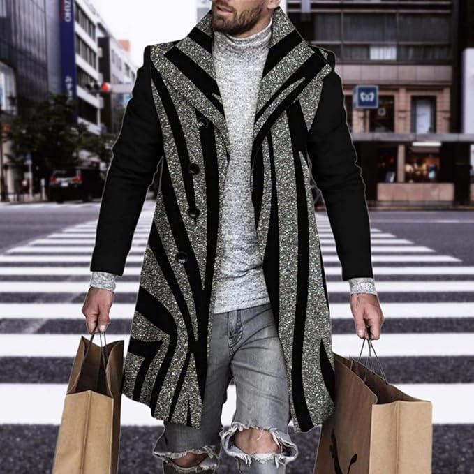 Men's Plaid Long Trench Coat Mid - Length Lapel Collar Button Down Warm Overcoat for Winter & Autumn Fashion