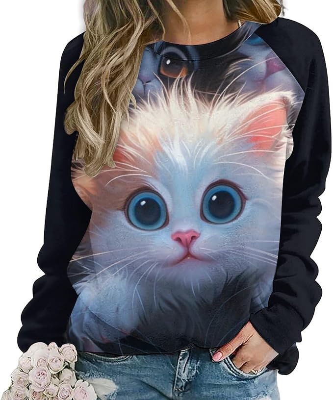 Long Sleeve Shirt Women Fall Cat Print Funny Hide Belly Vacation Plus Size Ladies Hippie Dressy Sweaters