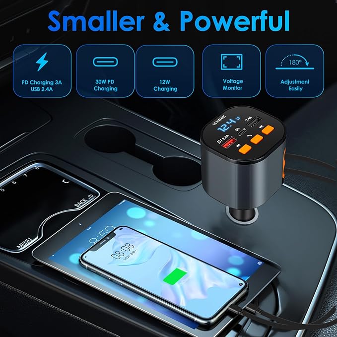 Retractable Car Charger,5 in 1 Fast Car Phone Charger 90W,Bluetooth 5.3 FM Transmitter Adapter,Handsfree Call,2 Retractable USB-C Cables and USB Cars Chargers for iPhone 16/15/14/13/12/11,Galaxy,Pixel