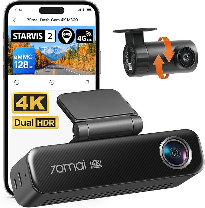 70mai 4K Dash Cam Front and Rear for Cars, STARVIS 2 IMX678 Super Night Vision & F1.7 Aperture, Dual HDR, Support 4G LTE & 5GHz Wi-Fi, Built-in 128GB eMMC, GPS, Voice Control, Parking Monitor (M800)