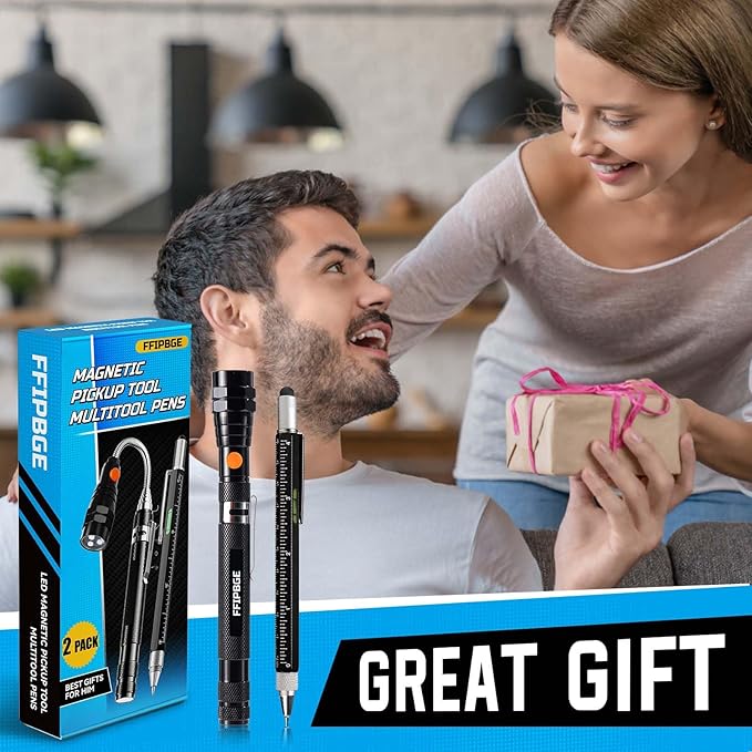 Magnet Pickup Tool with Telescoping Magnetic Flashlight and 6 in 1 Multitool Pen with Rulers, Bubble Level, Screwdrivers, Ballpoint, Christmas Stocking Stuffers for Men Adults, Birthday Gifts for Him