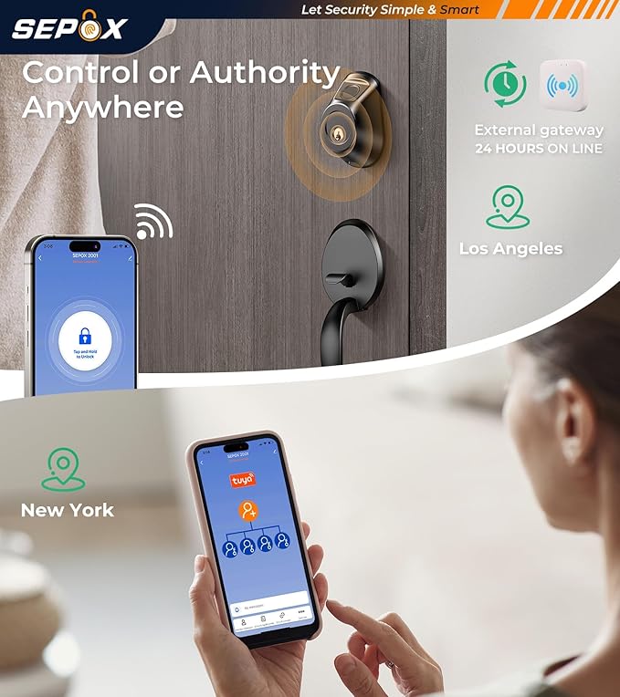 SEPOX® 2PC Set Smart Deadbolt Lock - 5-in-1 Keyless Entry (Fingerprint, Bluetooth, WiFi, Tuya APP, Key) - Auto Lock/Unlock, Front & Bedroom Door Compatible, Lever & Knob