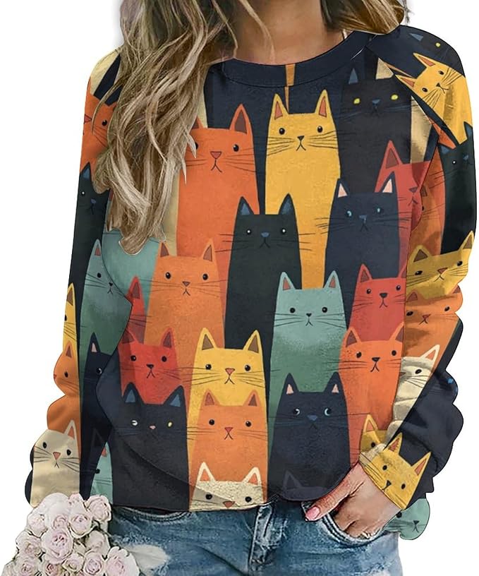Fall Sweaters for Women 2024 Cat Print Long Sleeve Casual Crewneck Warm Fall Pullover Comfy Fashion Sweatshirts