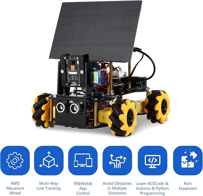 ACEBOTT ESP32 Smart Camera Solar Robot Car, 4WD Omnidirectional Movement Remote Control Car Compatible with Arduino IDE, Electronics Programming Project/STEM Educational/Science Coding Kit for 12+