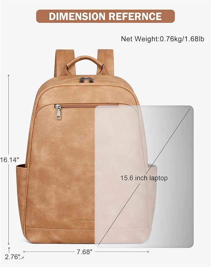 MASINTOR 15.6 inch Leather Laptop Backpack Purse for Women, Designer Travel and Work Bag with Laptop Compartment Retro Camel
