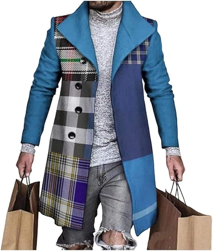 Men's Plaid Long Trench Coat Mid - Length Lapel Collar Button Down Warm Overcoat for Winter & Autumn Fashion