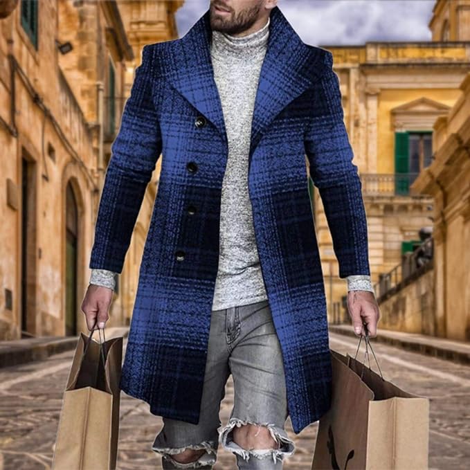 Men's Plaid Long Trench Coat Mid - Length Lapel Collar Button Down Warm Overcoat for Winter & Autumn Fashion