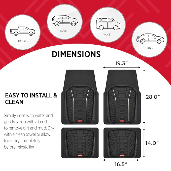 Rubbermaid Car Floor Mats Full Set – Premium All-Weather Car Mat with Brushed Aluminum Inserts, Universal Trim-to-Fit Design, Anti-Slip Backing for Cars, SUVs, Trucks, and Vans