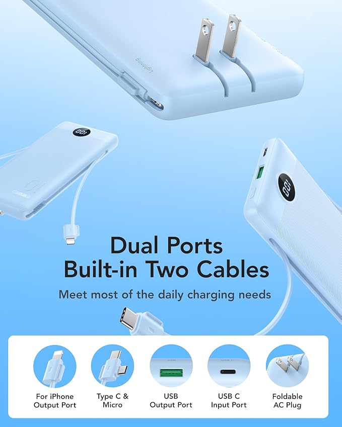 VRURC Portable Charger with Wall Plug and Cables, 10000mAh Power Bank with 22.5W Fast Charging USB Port,4 Outputs Dual Inputs Slim Compact Rechargeable Battery Pack Travel Accessories-Blue(1 Pack)