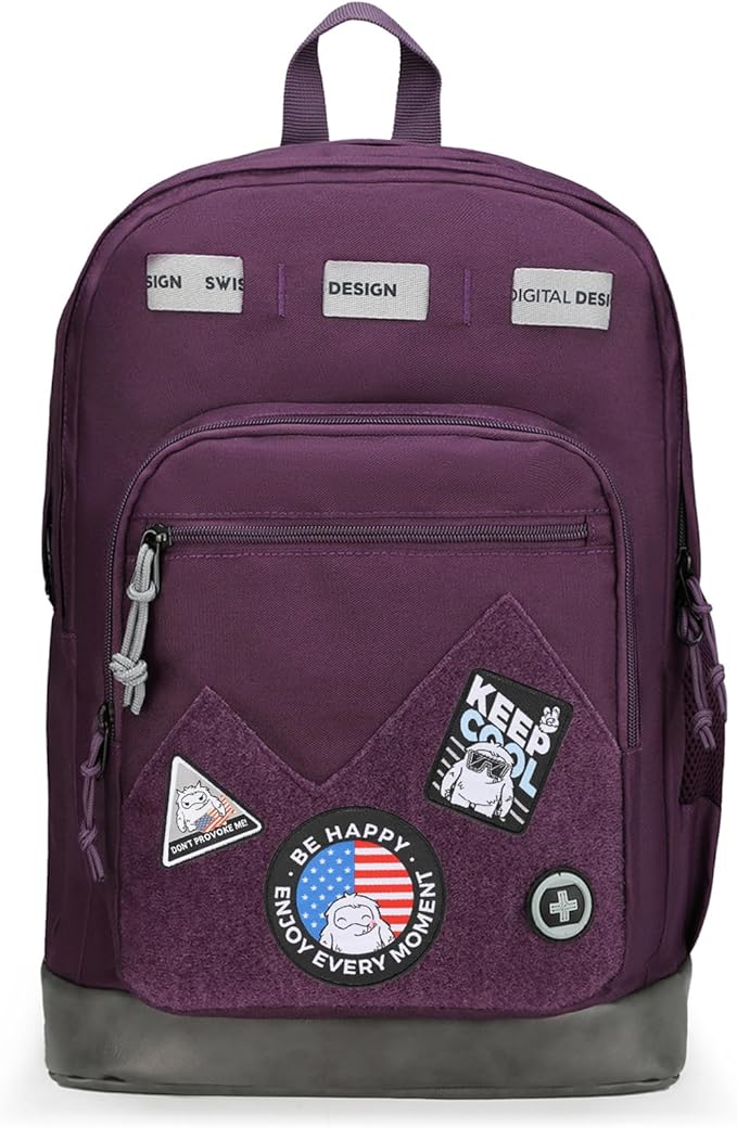 Swissdigital Design Big Student Laptop Backpack with Fun Personalized Patches For College Boy & Girl, Middle High School Teen Bookbag Cool Travel Daypack Purple - Includes 3 Patches | SD1718-51