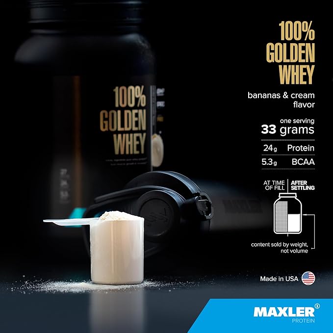 Maxler 100% Golden Whey Protein - 24g of Protein per Serving - Whey Protein Powder for Pre Post Workout - Fast-Absorbing Whey Concentrate, Isolate & Hydrolysate Blend - Bananas & Cream 5 lb