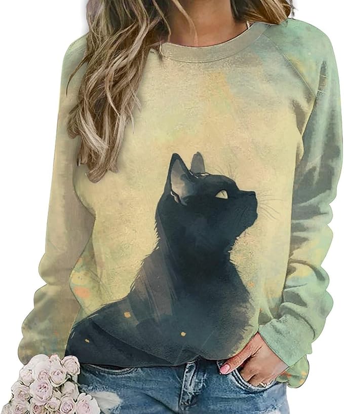 Sweatshirt for Women Cat Print Fashion Funny Plus Size Ladies Dressy Crewneck Casual Trendy Tee Shirts