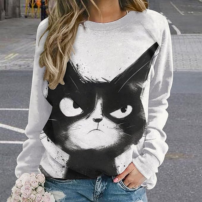 Long Sleeve Shirts for Women Cat Printed Fall Winter Dressy Holiday Casual Fashion Crewneck Tunic Tee Shirts