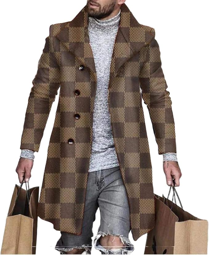 Men's Plaid Long Trench Coat Mid - Length Lapel Collar Button Down Warm Overcoat for Winter & Autumn Fashion