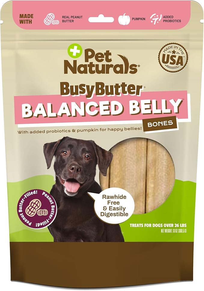 Pet Naturals BusyButter Balanced Belly Peanut Butter Bones, Rawhide-Free Chews for Medium/Large Dogs, Long Lasting Chew Bones, Probiotics & Pumpkin for Gut Health, 4 Count