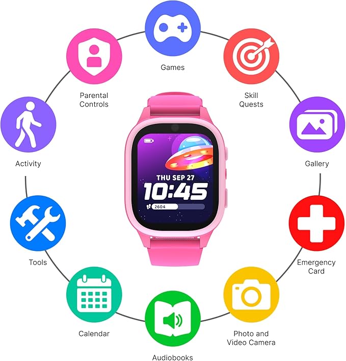 PlayZoom 4 Kids Smartwatch, Educational Tech Toy – 25+ Games, Selfie Camera, Audiobooks, Step Tracker, Water‑Resistant, Parental Controls, Long Battery, Ages 4‑12, Fuchsia Pink