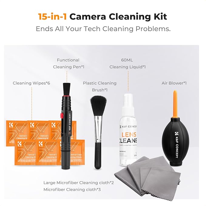 K&F CONCEPT 15-1 Professional Cleaning Kit for DSLR Cameras and Sensitive Electronics, Bundle with Lens Cleaner - Camera Accessories & Photography Accessorie for DSLR Camera Lens Filter Cell Phones