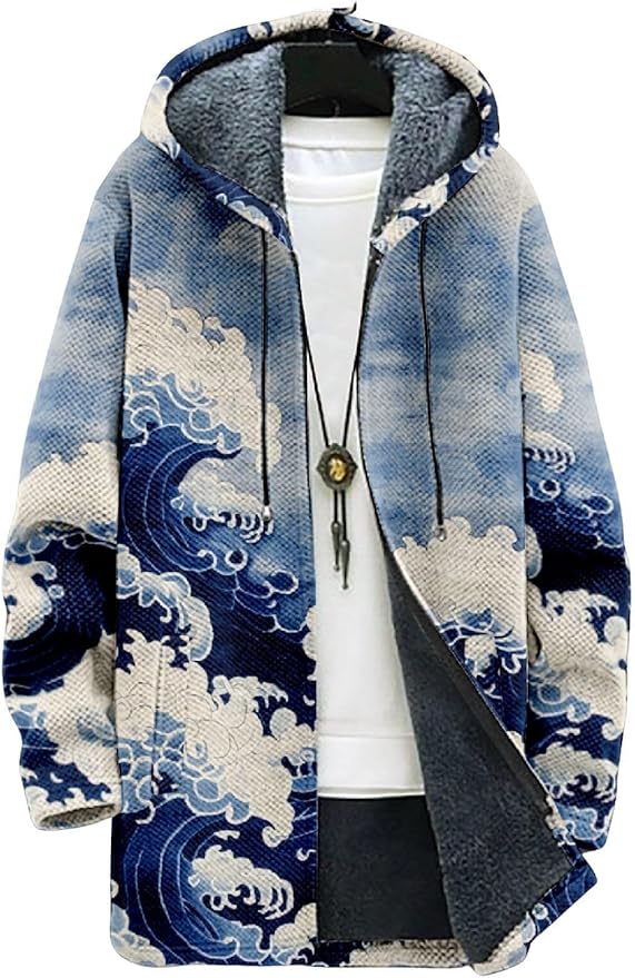 2025 Men's Ethnic Pattern Hooded Jacket Long Cardigan Hoodies Full Zip Vintage Knitted Zipper Coat with Pocket