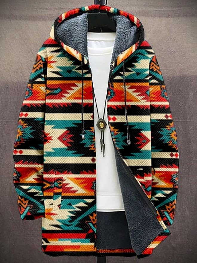 2025 Men's Ethnic Pattern Hooded Jacket Long Cardigan Hoodies Full Zip Vintage Knitted Zipper Coat with Pocket