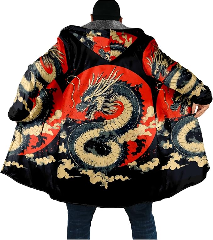 Mens Hooded Cardigan Japanese Art Zip Up Long Sleeve Sweater Hoodie Dragon Print Coat with Pockets