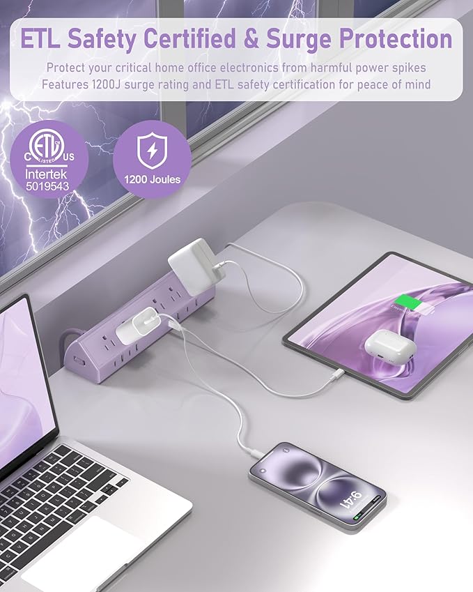 Jgstkcity Desk Clamp Power Strip, 45W Fast Charging Station,4 USB-C, 4 USB-A,1200J Surge Protector,ETL Listed,1875W Extension Cord,Multiple Outlets for Home, Office (Purple, 6 FT Cable)