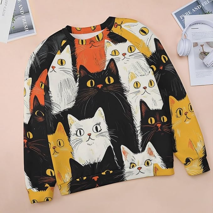 Fall Sweaters for Women 2024 Cat Print Long Sleeve Casual Crewneck Warm Fall Pullover Comfy Fashion Sweatshirts