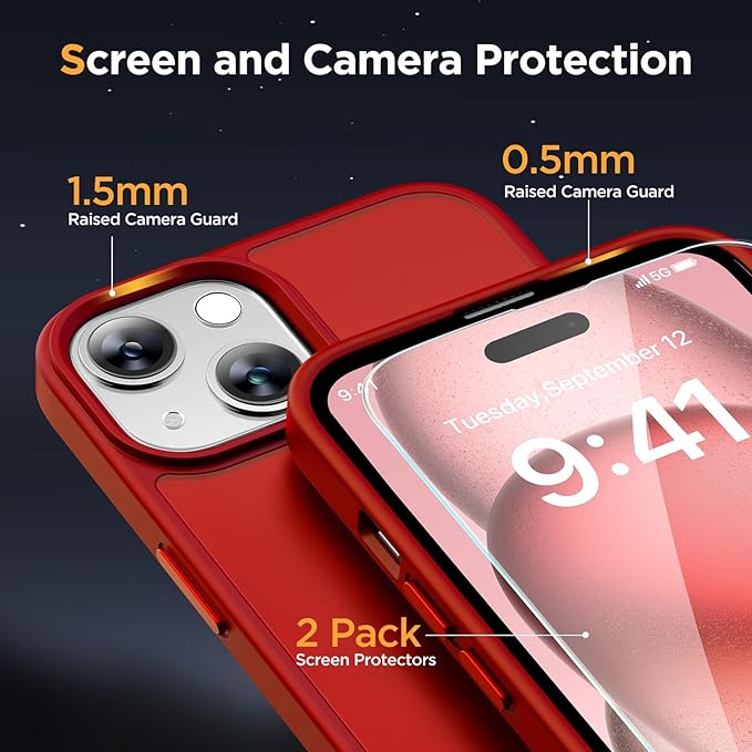 Miracase Magnetic for iPhone 15 Plus Case 6.7 inch (Compatible with MagSafe)（with 2X Screen Protectors） Military-Grade Protection, Anti-Fingerprint Translucent Matte Phone Cover, Red