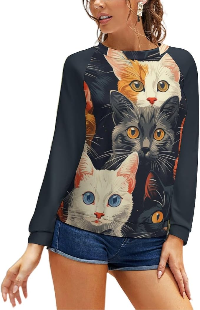 Long Sleeve Shirt Women Fall Cat Print Funny Hide Belly Vacation Plus Size Ladies Hippie Dressy Sweaters