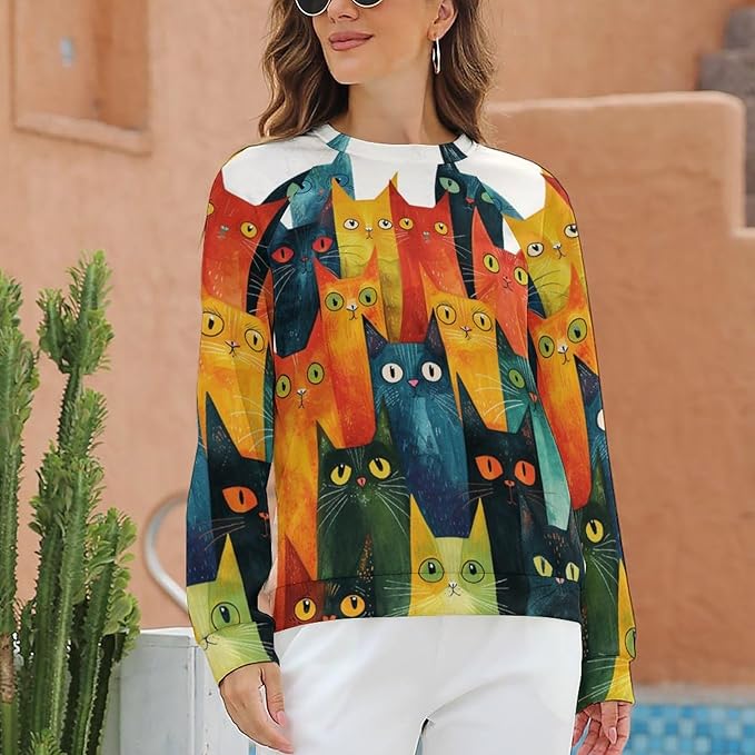Fall Sweaters for Women 2024 Cat Print Long Sleeve Casual Crewneck Warm Fall Pullover Comfy Fashion Sweatshirts