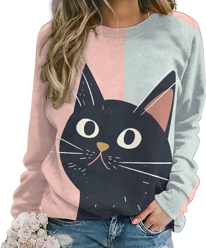 Long Sleeve Shirt Women Fall Cat Print Funny Hide Belly Vacation Plus Size Ladies Hippie Dressy Sweaters