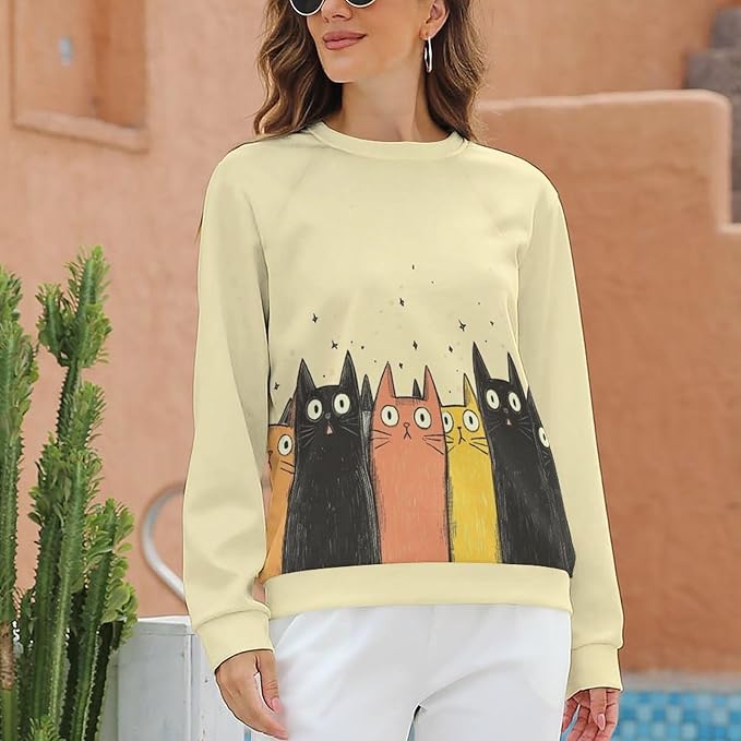 Fall Sweaters for Women 2024 Cat Print Long Sleeve Casual Crewneck Warm Fall Pullover Comfy Fashion Sweatshirts