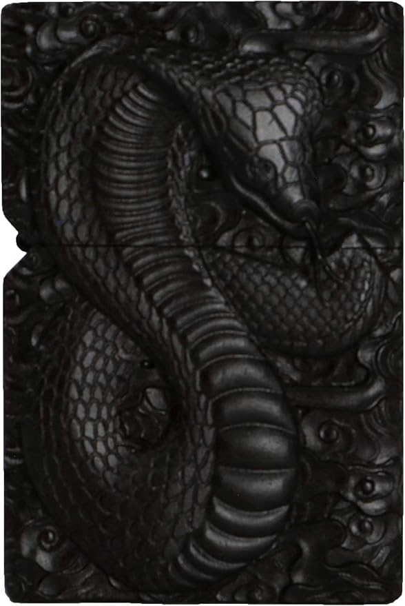 Natural Ebony Black Wood Carved Lighter Shell Box For Zippo Module (Cobra Snake)