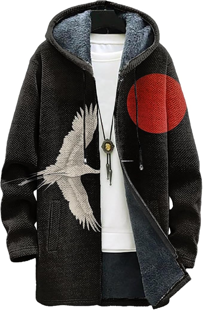 MARSVOVO Long Hooded Cardigan Men Japanese Art Style Fashion Cool Graphic Streetwear Winter Warm Lined Fleece Jacket