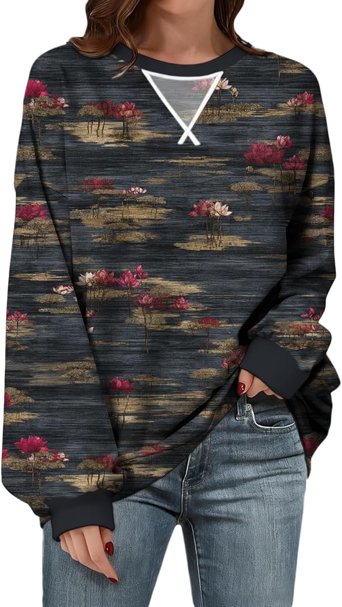 Womens Sweatshirts Fahsion Floral Print Long Sleeve Comfy Fall Tops Oversized Casual Crewneck Pullover Shirts