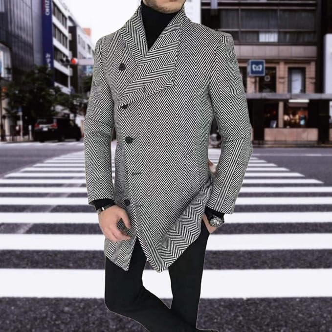 Men's Plaid Long Trench Coat Mid - Length Lapel Collar Button Down Warm Overcoat for Winter & Autumn Fashion