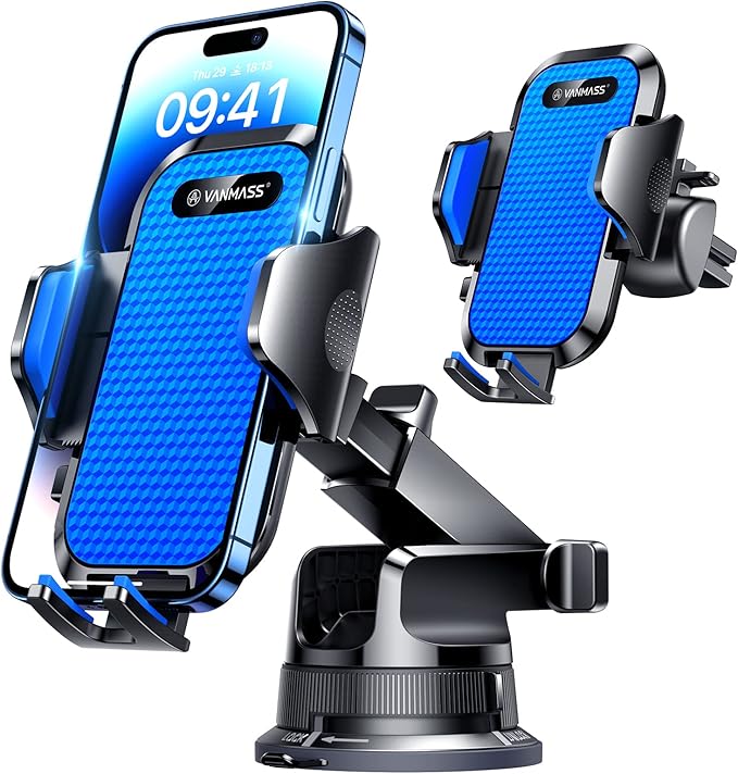 VANMASS [Pro Version] Universal Car Phone Mount [Super Suction Cup] Dashboard Phone Holder, Handsfree Windshield Dash Vent Phone Holder Car, Compatible for iPhone 17 16 15 14 Samsung LG & Truck,Blue