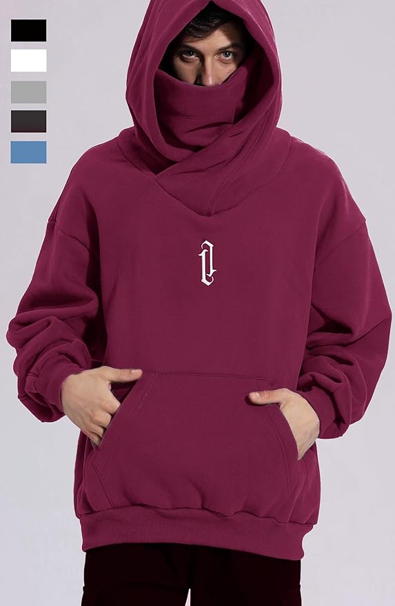 Fleece Hoodies for Men Cowl Neck Sweatshirts Hood with neck Gaiter Casual Pullover Fall Winter with Embroidery