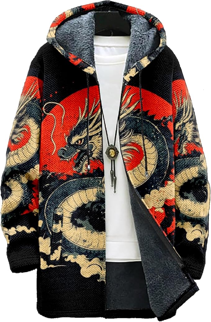 Mens Hooded Cardigan Japanese Art Zip Up Long Sleeve Sweater Hoodie Dragon Print Coat with Pockets