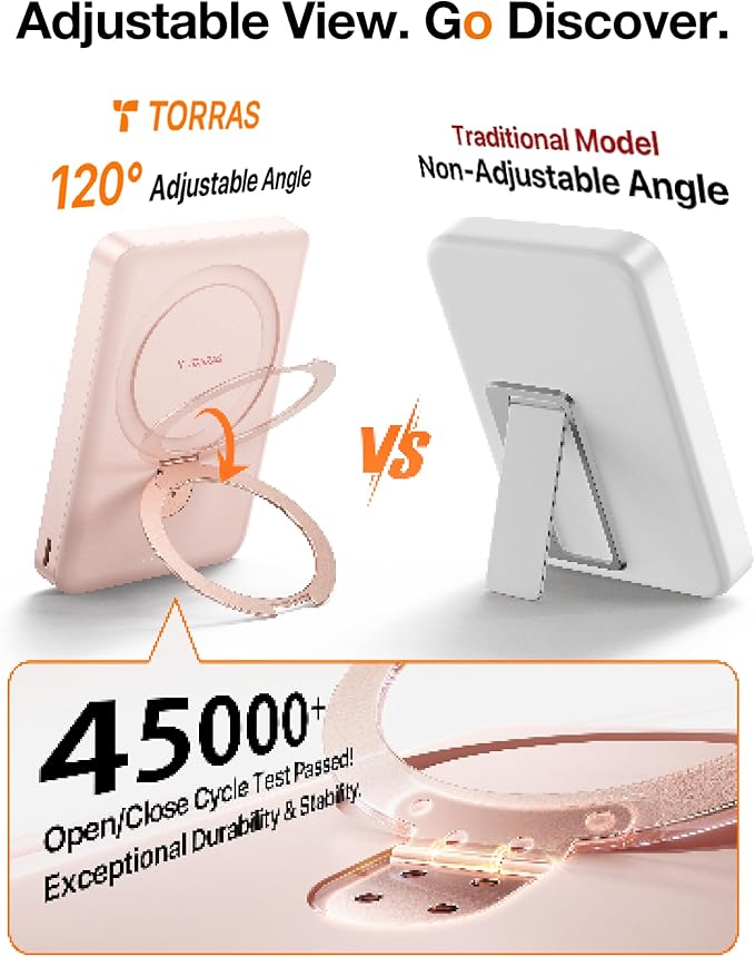 TORRAS EasyGo 10000mAh Magnetic Portable Charger Power Bank for iPhone, Fast Charging Travel Essential Wireless Battery Pack with Stand Compatible with Magsafe,17 Pro Max,Pro,16,15,14,13,12, Rose Gold