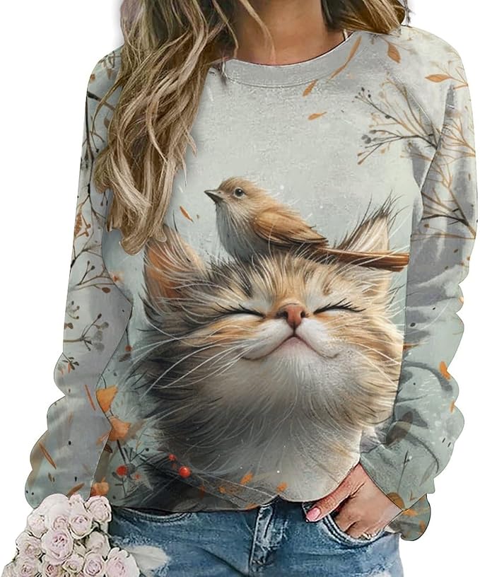 Sweatshirt for Women Cat Print Fashion Funny Plus Size Ladies Dressy Crewneck Casual Trendy Tee Shirts