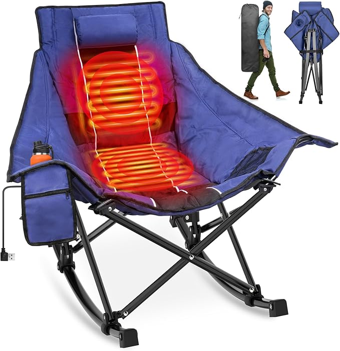Suteck Heated Rocking Camping Chair, Fully Thicker Padded Heated Camping Chairs for Outdoor Sports W/3 Heat Levels for Back & Seat, Heated Rocking Chair for Adults with Carry Bag, Battery NOT Included