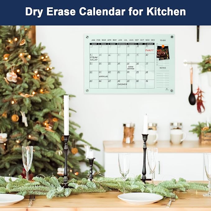 TSJ OFFICE Glass Calendar Whiteboard - 36 x 24 Inches Wall Mounted Monthly Dry Erase Calendar for Wall, Large Magnetic Glass White Board for Office, Home & School